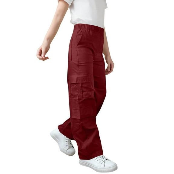 TEAJOPSUU Girls Boys Cargo Pants Elastic Waist Jogger Pants Loose Trousers with Cargo Pockets Sweatpants for Kids 4-15Years A-Burgundy