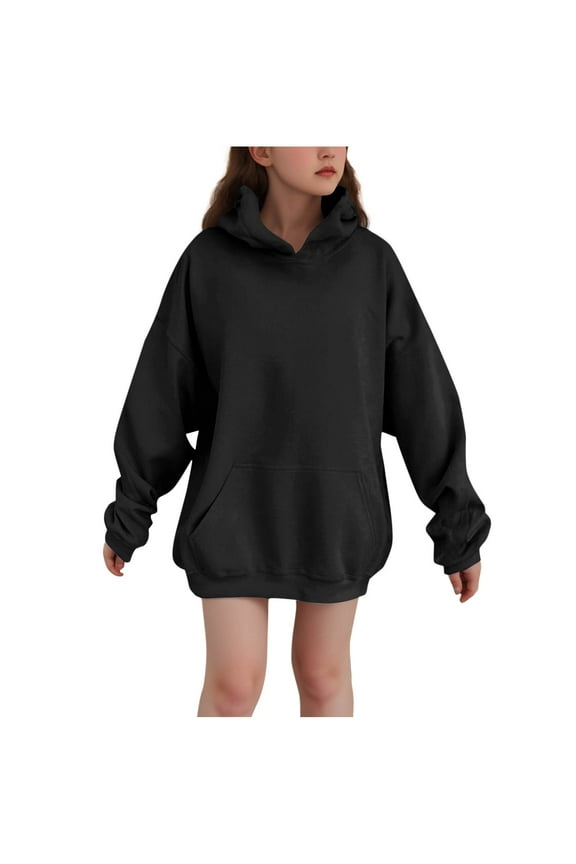 Girls' Boys' Fleece Hoodies Long Sleeve Hooded Sweatshirts Drop Shoulder Long Pullover Tops for Toddler Tween Boys Girls Fall Winter Fashion Sweaters with Pockets Black