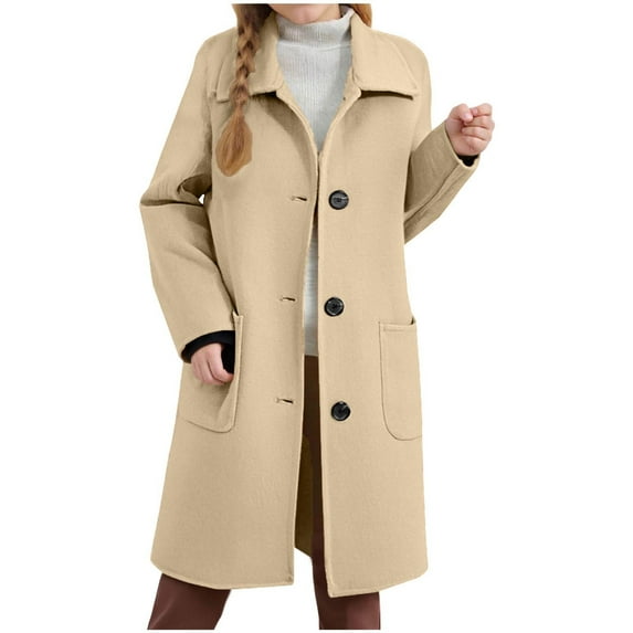 TEAJOPSUU Girls Boys Pea Coat Elegant Overcoat Single Breasted Turndown Collar Long Winter Coat Dress Coat with Pockets B-Khaki