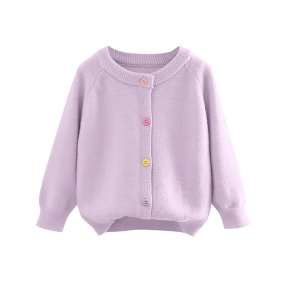 TEAJOPSUU Girls Cardigan with Button Loose Long Sleeve Button Up Knitted Uniform Sweaters Round Neck Sweater 2-12 Years Purple