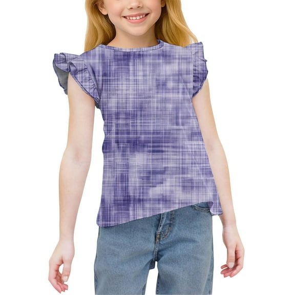 TEAJOPSUU Girls Crew Neck Shirt Casual Flying Short Sleeve Tunic Top Soft & Cute Disty Floral Printed Blouse 3-15 Years A-Purple