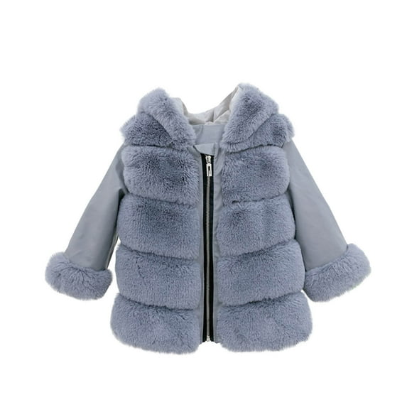 TEAJOPSUU Girls Faux Fur Coat with Hood Fluffy Zip Up Fleece Jackets Long Sleeve Hooded Coat Winter Warm Furry Jackets Shaggy Parka Outerwear C-Gray