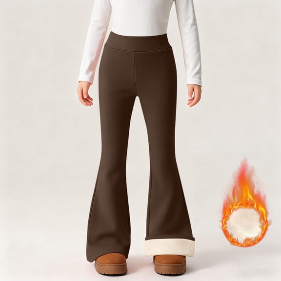 TEAJOPSUU Girls Flare Leggings High Waist Bell Bottom Tights Winter Thickened Solid Color Fleece-Lined Cute Preppy Outfits for Kids 4-15 Years Brown