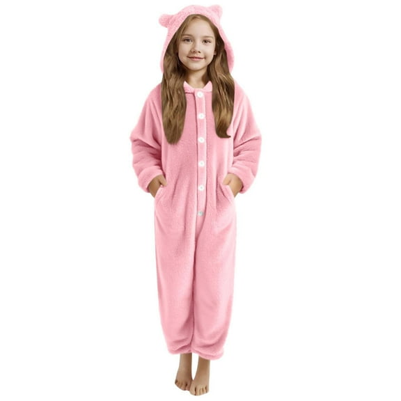 TEAJOPSUU Girls Fleece Onesie Pajamas Kids Cute Ear Hood Zip Up Sleepwear Jumpsuit Christmas Clothes Loose Jumpsuit Partywear C-Pink