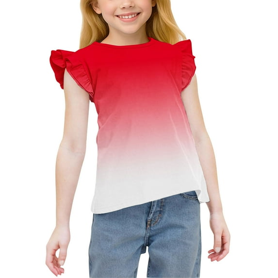 TEAJOPSUU Girls Flying Sleeve Shirt Gradient Color Crew Neck Tunic Top Soft Summer Blouse Casual Tees for 3-15 Years C-Red