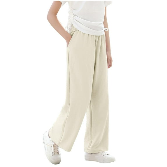 TEAJOPSUU Girls High Waisted Pants Kids Wide Leg Flowy Dress Pants Casual Long Trousers with Pockets 3-15 Years A-White