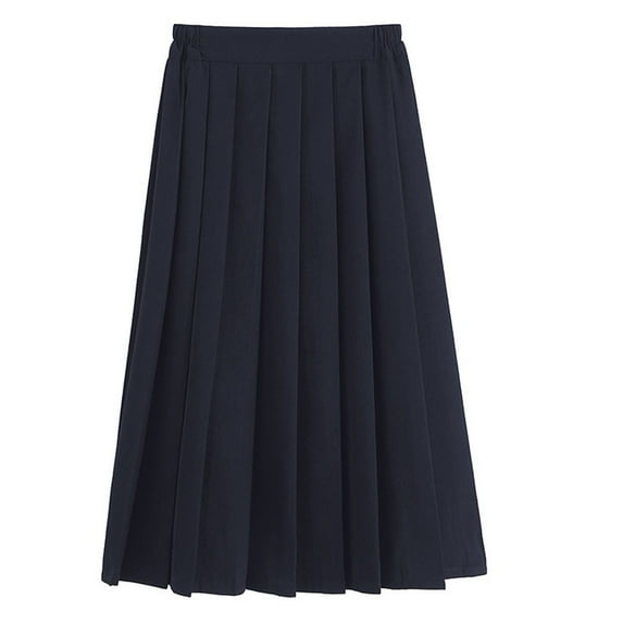 TEAJOPSUU Girls' Juniors High Waisted Pleated Skirts Plus Size A-Line Skirt Below The Knee Uniform Skirts Elastic Waisted Mid Skirt XS-3XL Navy