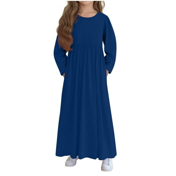 TEAJOPSUU Girls Maxi Dress Crew Neck Long Sleeve Casual Holiday Dress Elegant Flowy Wedding Party Long Dress 4-14Y,Navy