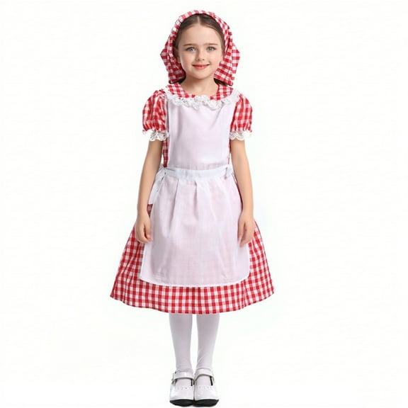 TEAJOPSUU Girls Oktoberfest Clothes Kids Tweens German Bavarian Dirndl Dress with Maid Apron Handscarf Traditional Clothing Set A-Red