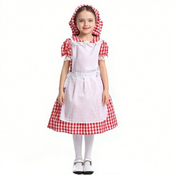 TEAJOPSUU Girls Oktoberfest Clothes Kids Tweens German Bavarian Dirndl Dress with Maid Apron Handscarf Traditional Clothing Set A-Red