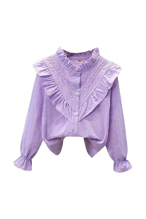 Girls Ruffle Trim Button Down Shirt Kids Long Sleeve Ruffled Mock Collar Shirt Cute Uniform Tops 4-15 Years A-Purple