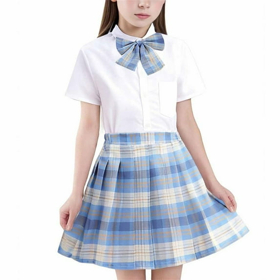 TEAJOPSUU Girls School Uniform Outfit Set Short Sleeve Button Down Shirt+Pleated Plaid Skirt+Necktie 3 Piece Cute Student Outfit Set 3-13 Years Blue