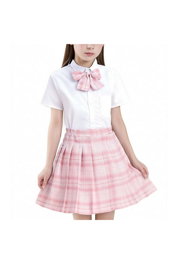 Girls School Uniform Outfit Set Short Sleeve Button Down Shirt+Pleated Plaid Skirt+Necktie 3 Piece Cute Student Outfit Set 3-13 Years Pink