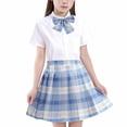 thumbnail image 1 of TEAJOPSUU Girls School Uniform Outfit Set Short Sleeve Button Down Shirt+Pleated Plaid Skirt+Necktie 3 Piece Cute Student Outfit Set 3-13 Years B-Blue, 1 of 3
