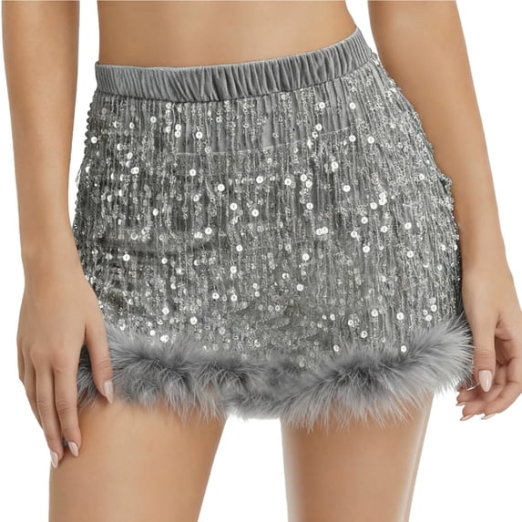 TEAJOPSUU Girls Sequin Mini Skirt Low Waist Sparkly Tassel Cocktail Party Dancing Skirt Faux Furry Edge Club Stretch Bodycon Mini Skirt,Gray