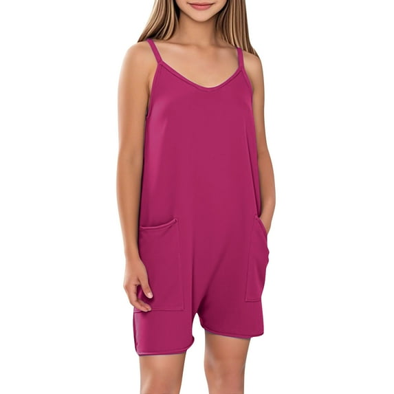 TEAJOPSUU Girls Sleeveless Jumpsuits Kids Casual Spaghetti Strap Rompers Summer Short Overalls with Pockets 5-14Y A-Hot Pink
