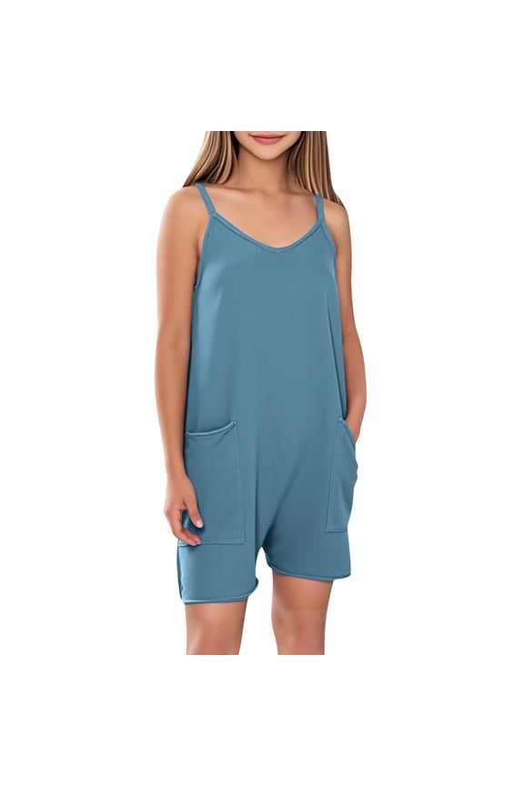 Girls Sleeveless Jumpsuits Kids Casual Spaghetti Strap Rompers Summer Short Overalls with Pockets 5-14Y A-Light Blue