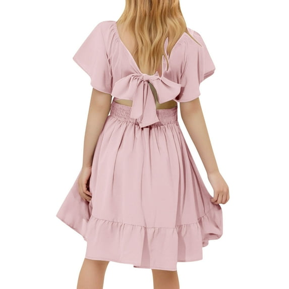 TEAJOPSUU Girls Summer Short Sleeve Dress Tie Back Pleated Front Dresses for Teens Ruffle Tween Girls Semi Backless Elastic Waist Dresses 4-15 Years B-Pink