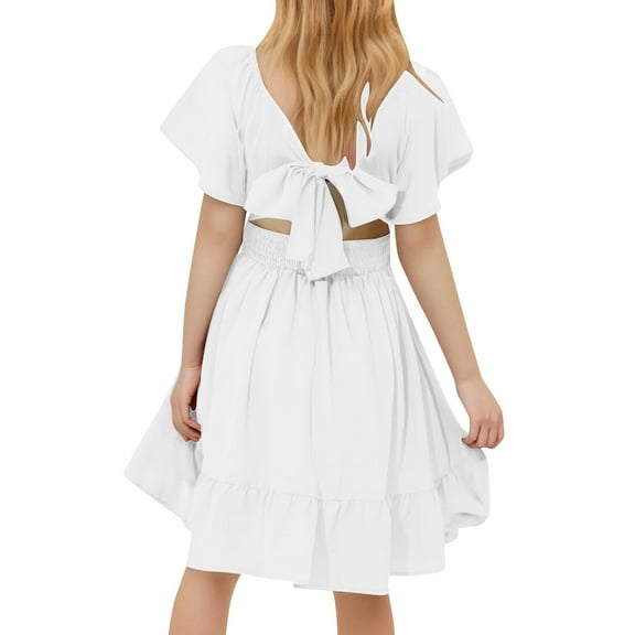 TEAJOPSUU Girls Summer Short Sleeve Dress Tie Back Pleated Front Dresses for Teens Ruffle Tween Girls Semi Backless Elastic Waist Dresses 4-15 Years B-White