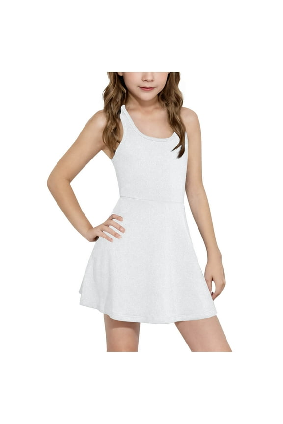 Girls Tennis Dress Build In Shorts Kids Sleeveless Racerback Athletic Dress School Sports Dresses Outfit,A-White