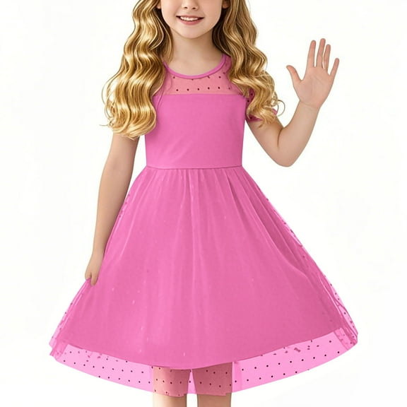 TEAJOPSUU Girls Tulle Summer Dress Puff Short Sleeve Tween Girls Teen High Waist Tutu Princess Party A Line Casual Dress 5-16Y B-Hot Pink