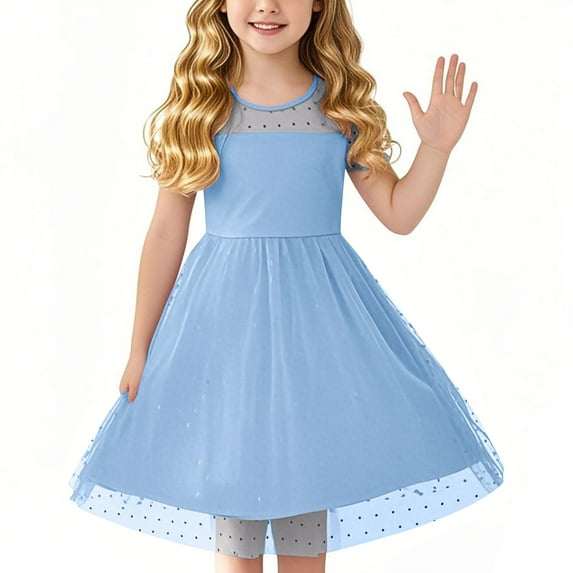 TEAJOPSUU Girls Tulle Summer Dress Puff Short Sleeve Tween Girls Teen High Waist Tutu Princess Party A Line Casual Dress 5-16Y B-Light Blue