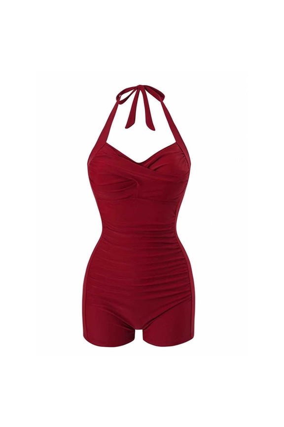 Halter One Piece Swimsuit for Women Vinatge Ruched Tummy Control Swimsuits Athletic Boy-Leg Ruched Push Up Swimwear A-Red
