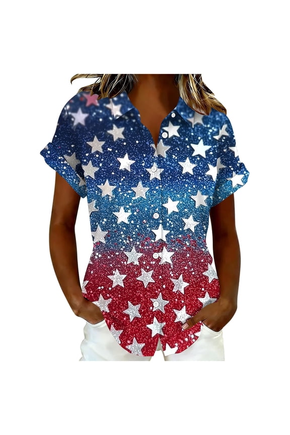 Independence Day Womens Tops Red White Blue Collared Short Sleeve Button Down Shirts for Women Patriotic Casual Summer Tops B-Red