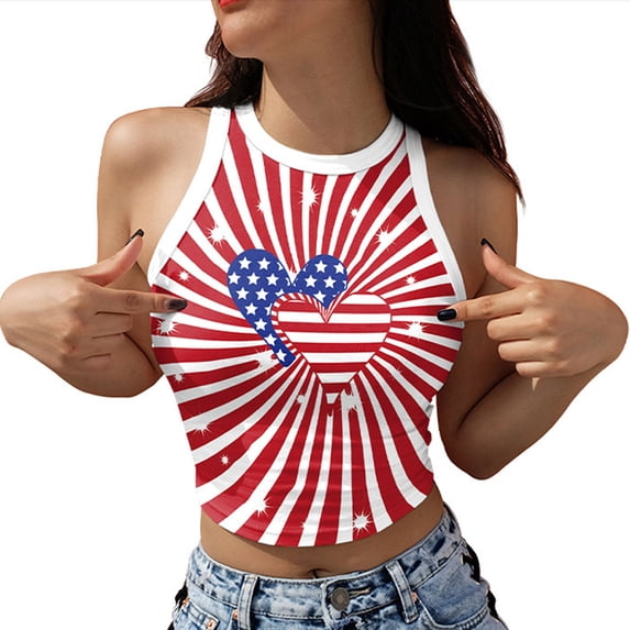TEAJOPSUU July 4th Halter Tops for Women Stars and Stripes Heart Summer Sleeveless Blouses Red White Blue Crop Tank Tops A-Multicolor