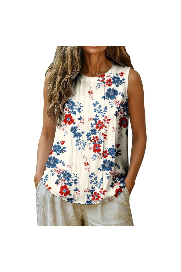 July 4th Tops for Womens Red White Blue Soft Sleeveless Crew Neck Blouses for USA Summer Independence Day L-Multicolor