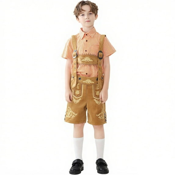 TEAJOPSUU Kids Boys' Lederhosen Clothes Oktoberfest Outfits 2 Piece Bavarian German Performance Set Short Sleeve Button Down Shirt Suspender Short Jumpsuits for 3-12 Years Orange