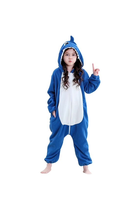Kids Onesie Pajamas Flannel Animal One Piece Pajamas Loose Fit Fleece Long Sleeved Hooded Jumpsuit for Boys Girls 3-12 Years B-Blue