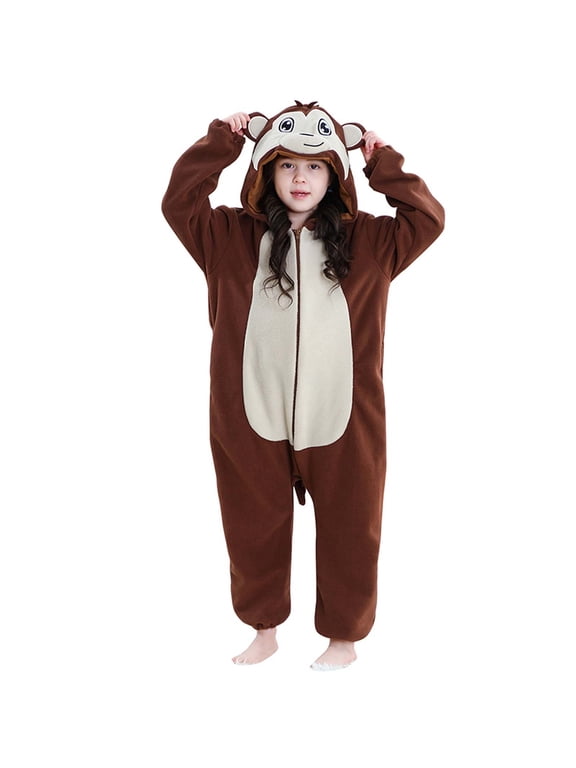 Kids Onesie Pajamas Flannel Animal One Piece Pajamas Loose Fit Fleece Long Sleeved Hooded Jumpsuit for Boys Girls 3-12 Years C-Brown