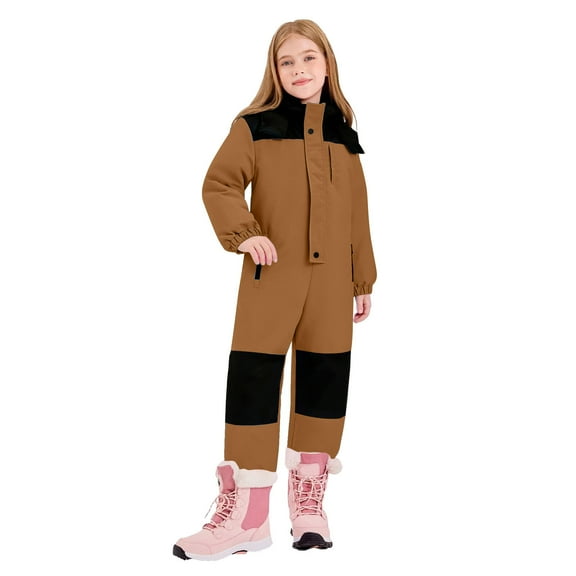 TEAJOPSUU Kids Toddler Snow Suit Boys Girls Lightweight Insulated One Piece Ski Suit Windproof Hooded Snowsuit Baby Jumpsuit A-Brown