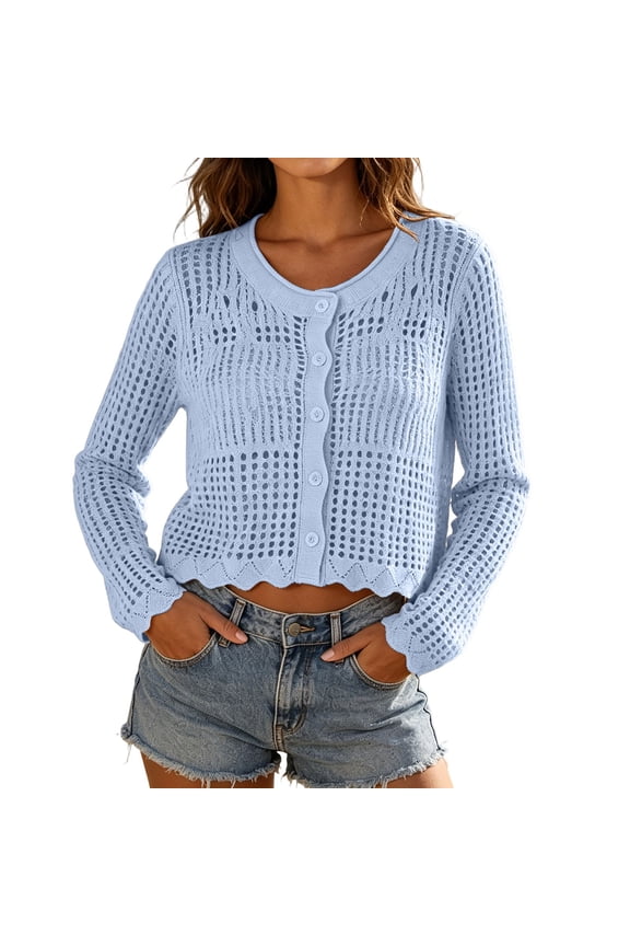 Knit Swimwear Cover-Ups for Women Crewneck Cropped Cover Up Long Sleeve Front Button Fall Tops Blue