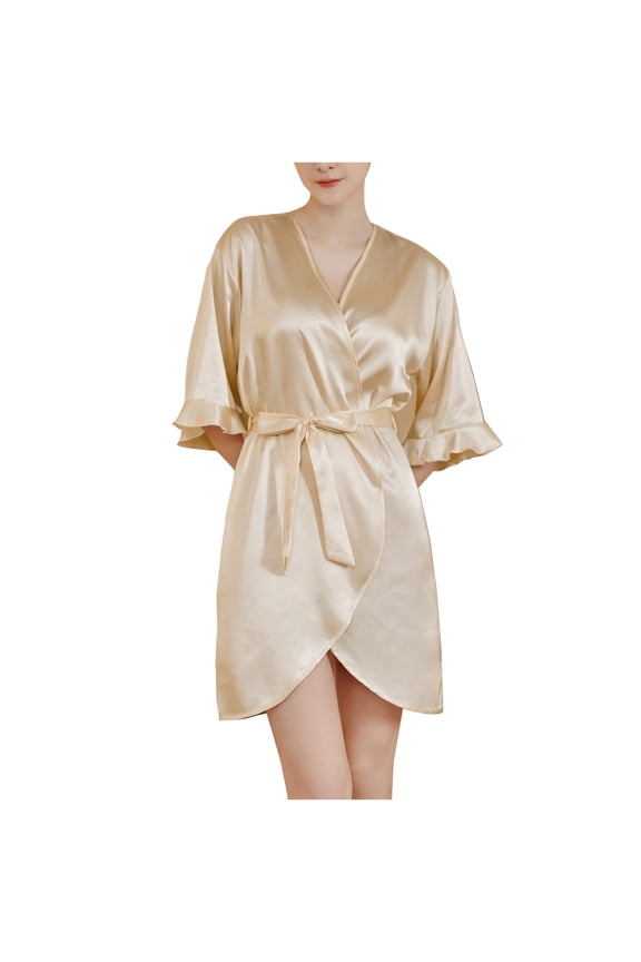 ZQUUVOU Lightweight Robes for Ladies Leaf Sleeves Modal Robe 3/4 Sleeve Short Sleepwear with Belt Loungewear Nightgown Gold