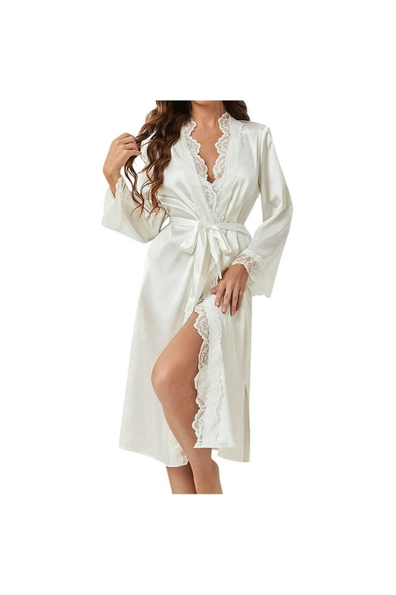 TEAJOPSUU Lightweight Robes for Women Lace Trim Solid Color Cardigan Long Length Tie Front Nightgown Sleepwear White