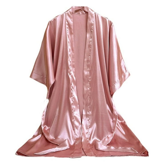 TEAJOPSUU Lightweight Robes for Women Solid Color Silk Cardigan Bathrobe 3/4 Sleeve Robe Satin Mid Length Open Front Sleepwear Pink