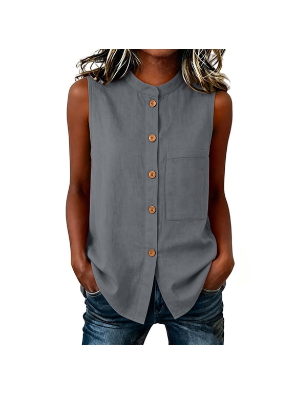 Linen Blend Tank Tops for Women Stand Collar Sleeveless Shirts Button Down Front Pocket Solid Loose Fit Blouses Gray