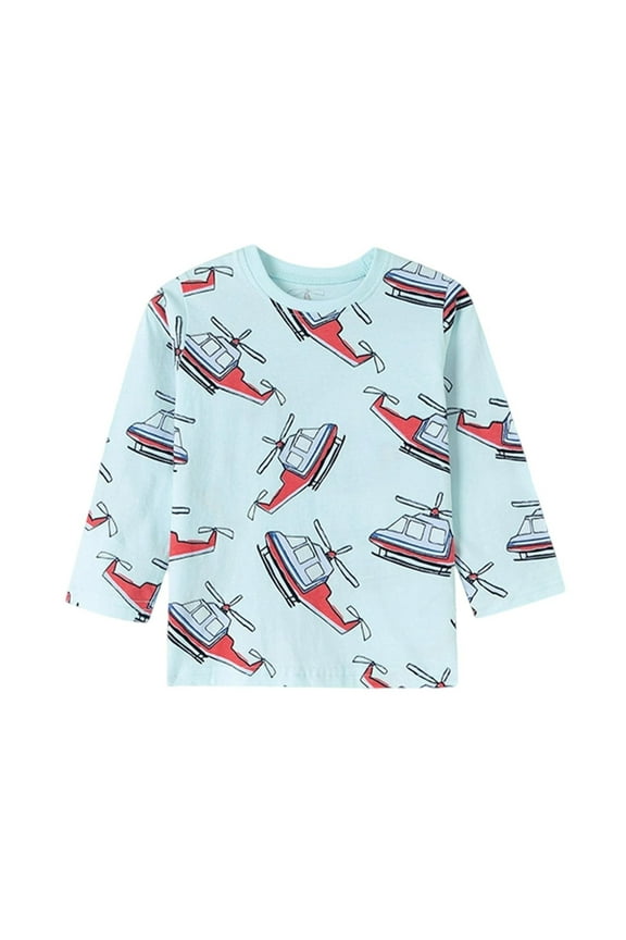 Little Boys Long Sleeve Graphic T Shirt Cartoon Pattern Crew Neck Shirt Casual Fall Base Tops Tee Shirt for Kids 2-8 Years A-Light Blue