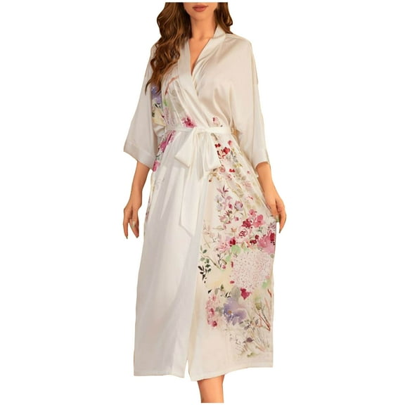 ZQUUVOU Long Robes for Women Printed Casual Kimono Robes Lightweight Bathrobe Shawl Soft Sleepwear Loungewear White