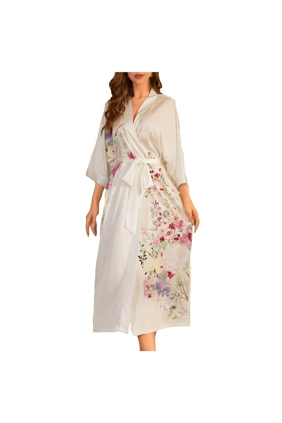 Long Robes for Women Printed Casual Kimono Robes Lightweight Bathrobe Shawl Soft Sleepwear Loungewear White