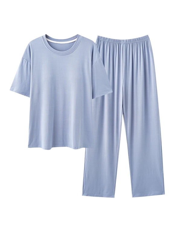 Lounge Sets for Women Cotton Blend Pjs Set Short Sleeve Tops and Long Pants Soft Comfy Pajamas 2 Piece Outfits M-2X Blue