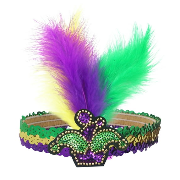 TEAJOPSUU Mardi Gras Headband for Men and Women Sequin Headband for Mask Party Faux Feather Purple Green Yellow Cocktail Headwear Purple