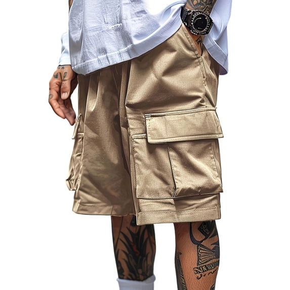 TEAJOPSUU Men's Cargo Shorts Plus Size Drawstring Waist Baggy Casual Workout Bermuda Shorts with Multi-Pockets Khaki