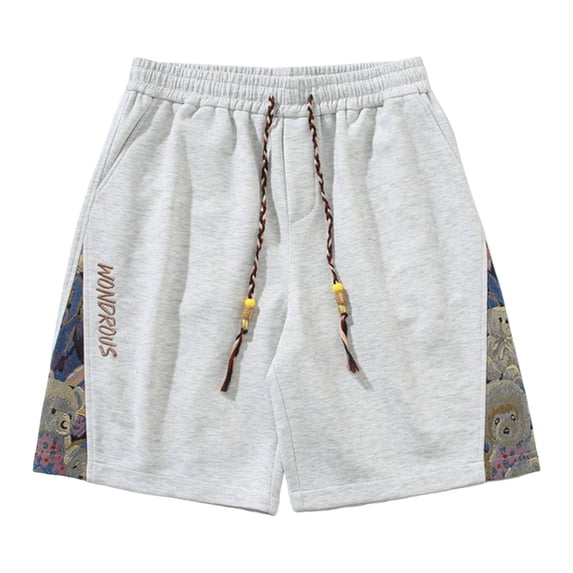 TEAJOPSUU Men's Casual Shorts Plus Size Loose Fit Canvas Shorts with Elastic Drawstring Waist Embroidery Detail Straight Leg Cut Gray