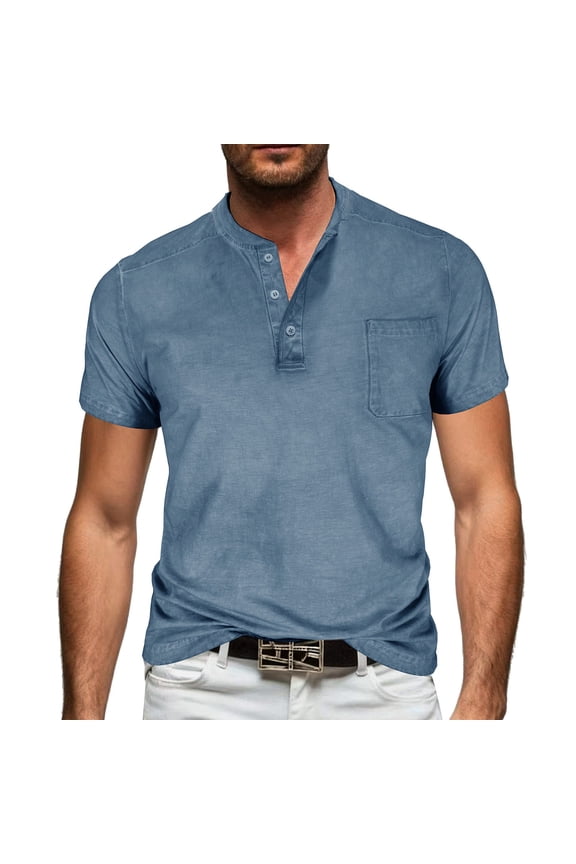 Men's Cotton Shirt Short Sleeve Summer Casual Button Stand Neck Breathable Solid Color Top Blue