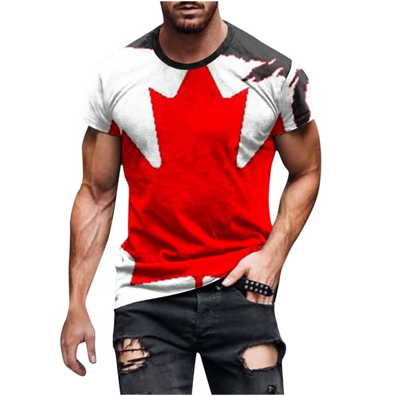 FAWUUDO Men's Crew Neck T-Shirt Canadian Maple Leaf Print Short Sleeve Casual Top for Canada Day Celebrations White