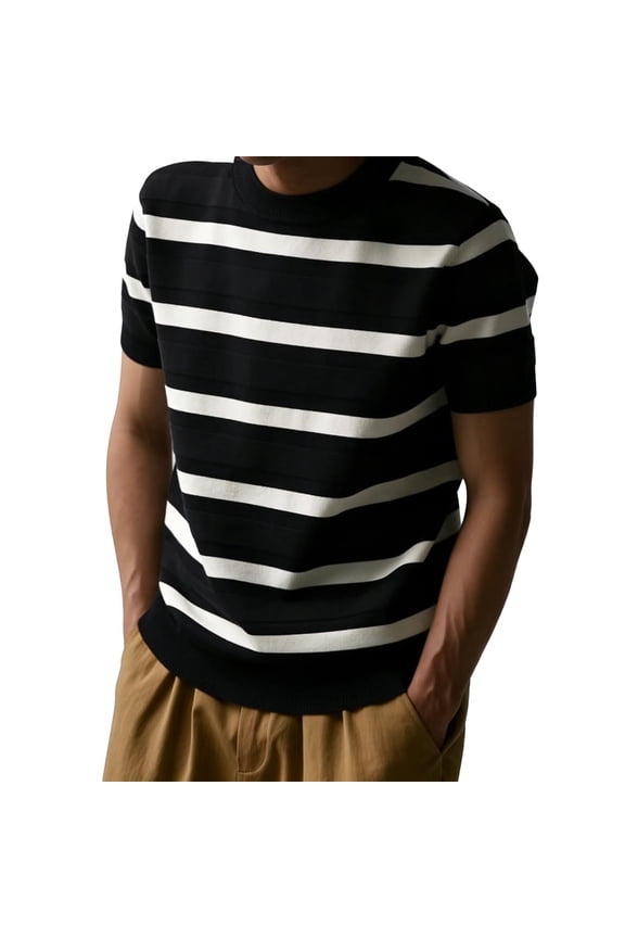 Men's Crew Neck T-Shirt Textured Striped Knit Form Fitting Soft & Lightweigh Moisture Wicking Tee A-Black