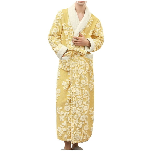 TEAJOPSUU Men's Fuzzy Robes Fall Winter Plush Fleece Bathrobes Thick Velvet Long Sleeved Soft Warm Long Cozy Spa Shower Robe Yellow